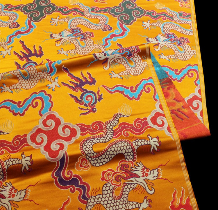 Gold Chinese Dragon Fabric: Silk Rayon Brocade, 29"W, Sewing Upholstery