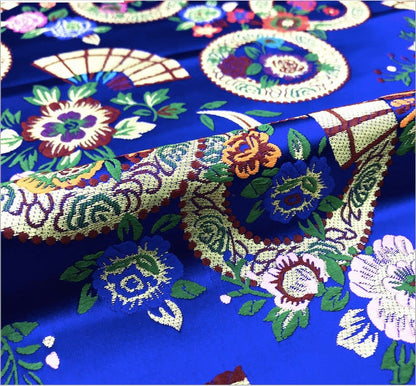 Nishijin Brocade Fabric: Japanese-Style Floral & Snow Wheel Fan, Gold Upholstery Sewing Fabric by Meter