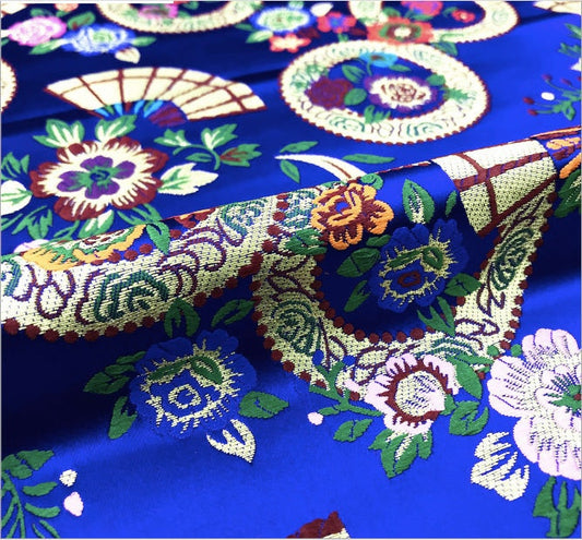Tissu brocart Nishijin : motif floral et roue à neige de style japonais, tissu d'ameublement doré au mètre