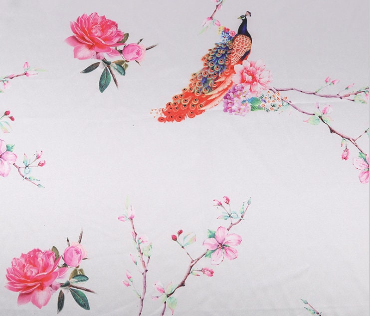 Crane Print Satin Rayon Fabric: Soft Bridal Fabric By The Meter