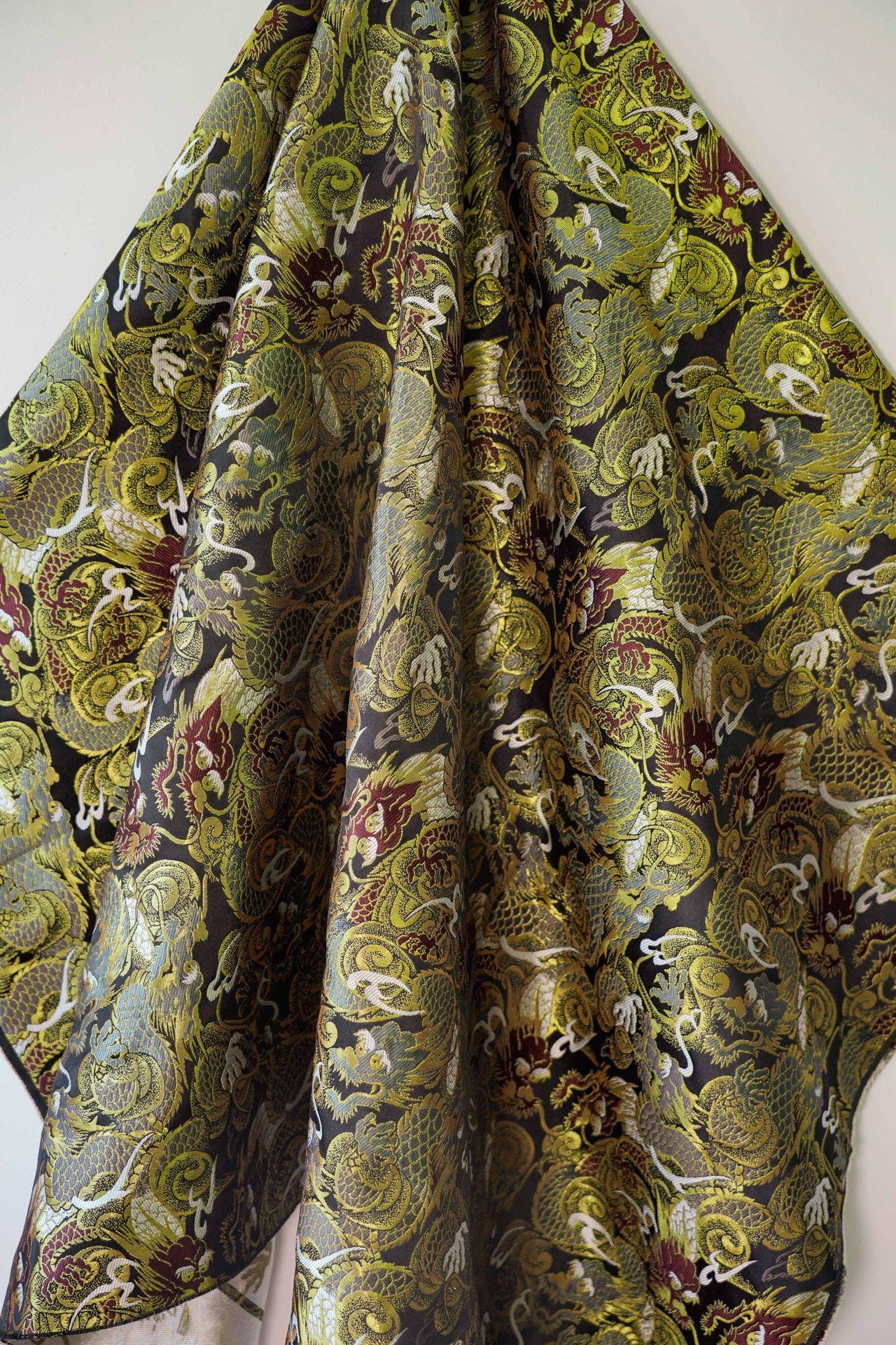 59"W Nishijin Chinese Dragon Brocade Fabric: Modern Jacquard Rayon Silk by Meter