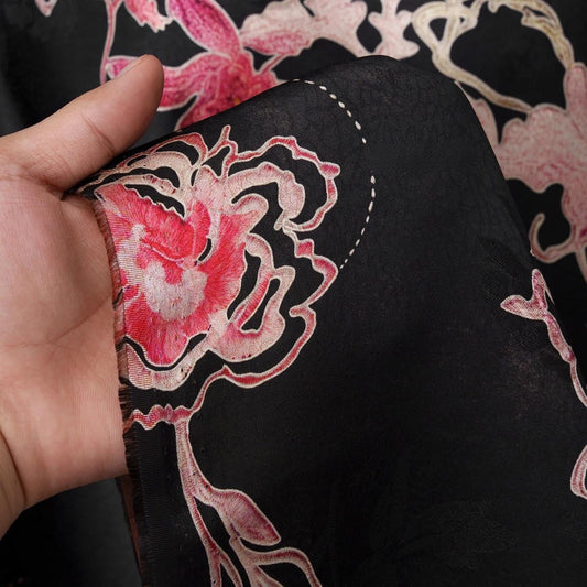Black Butterfly Floral Xiangyun Silk Fabric ��� Smooth, Skin-Friendly Printed Sandwashed rayo