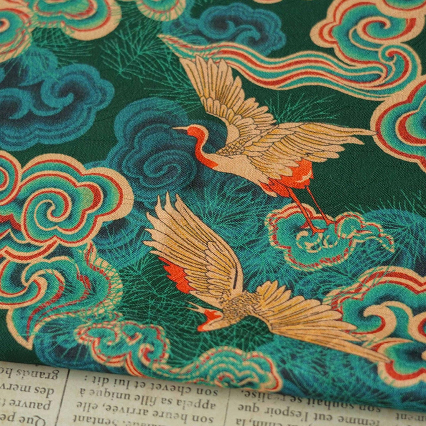 Auspicious Cloud Tea Silk Satin Fabric: Dark Green Upholstery, Costume, Drapery (59"W)