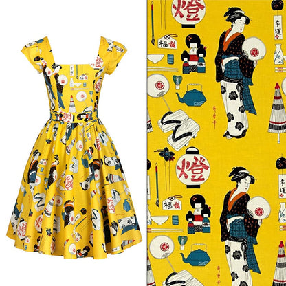 Geisha Dance Print Fabric: Japanese Cotton Spandex Blend