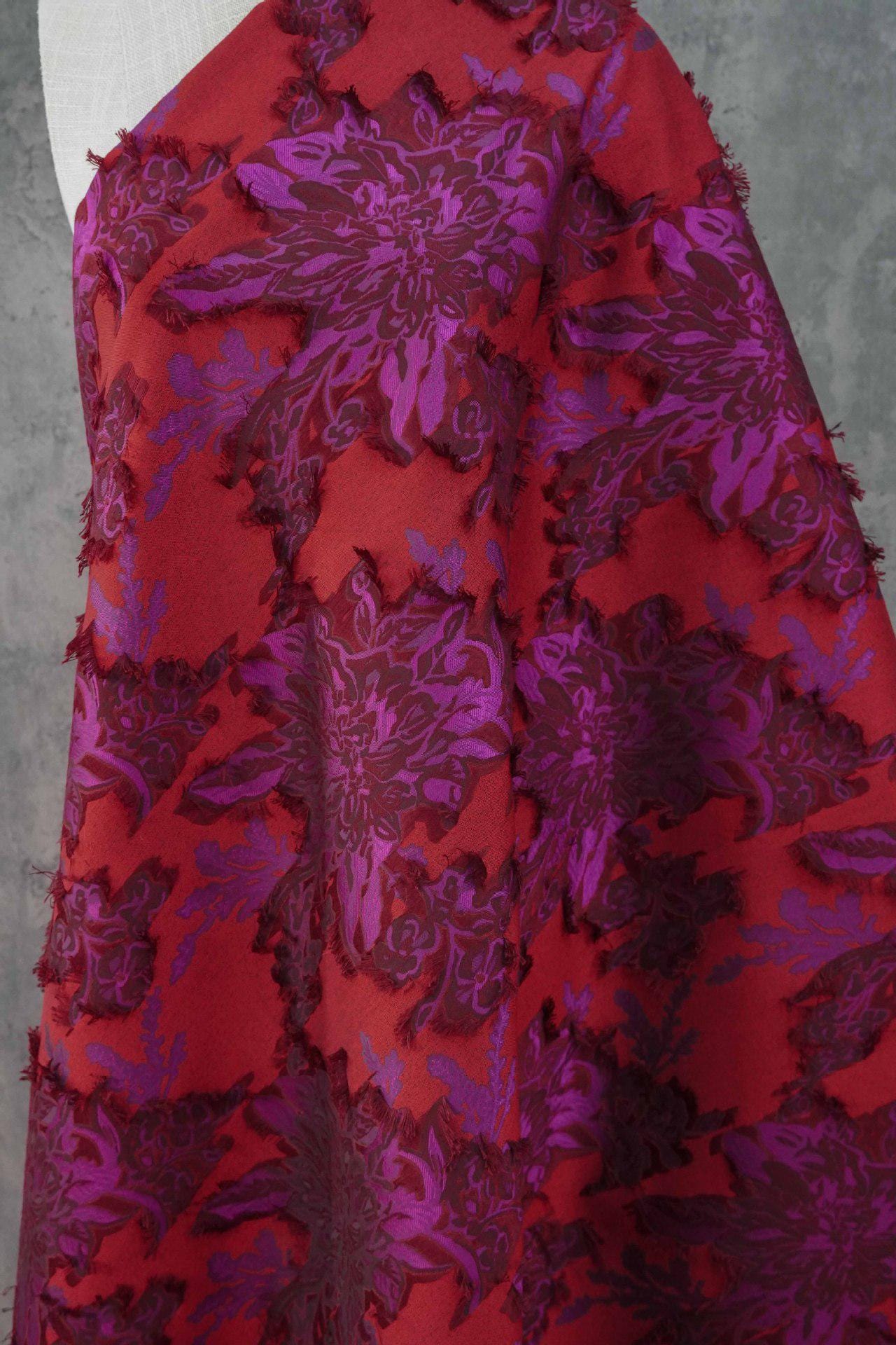Red & Purple Floral Jacquard Fabric ��� Textured Woven Materi" Wide