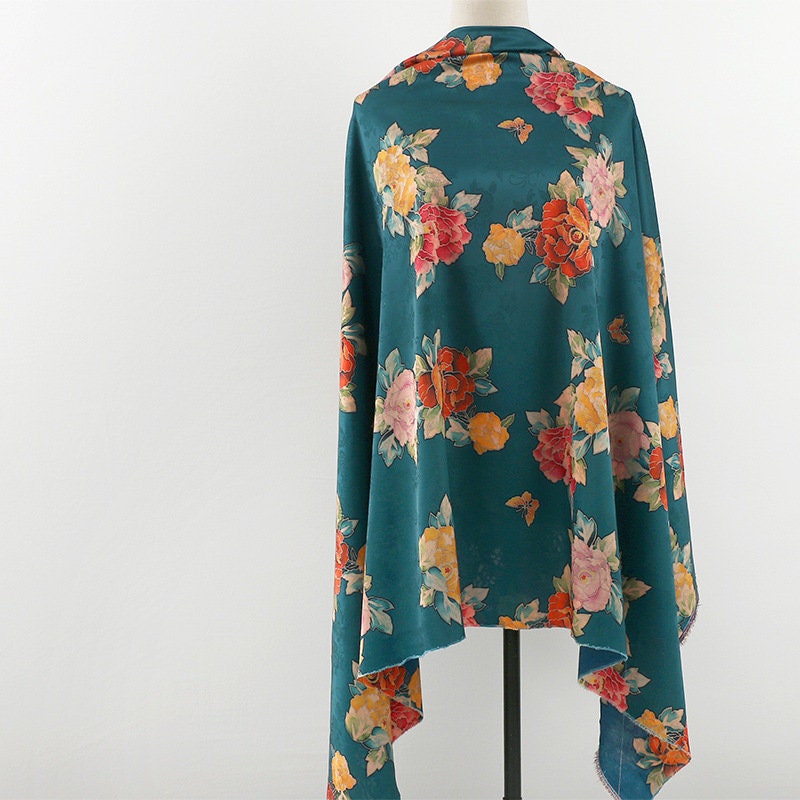 Floral Jacquard Rayon Fabric: 59"W Tea Silk, Costume & Decor