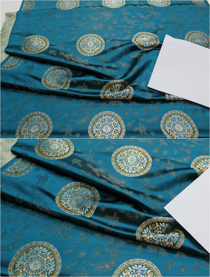 Tissu brocart de soie : style sino-mongol, bleu sarcelle et or (au mètre)