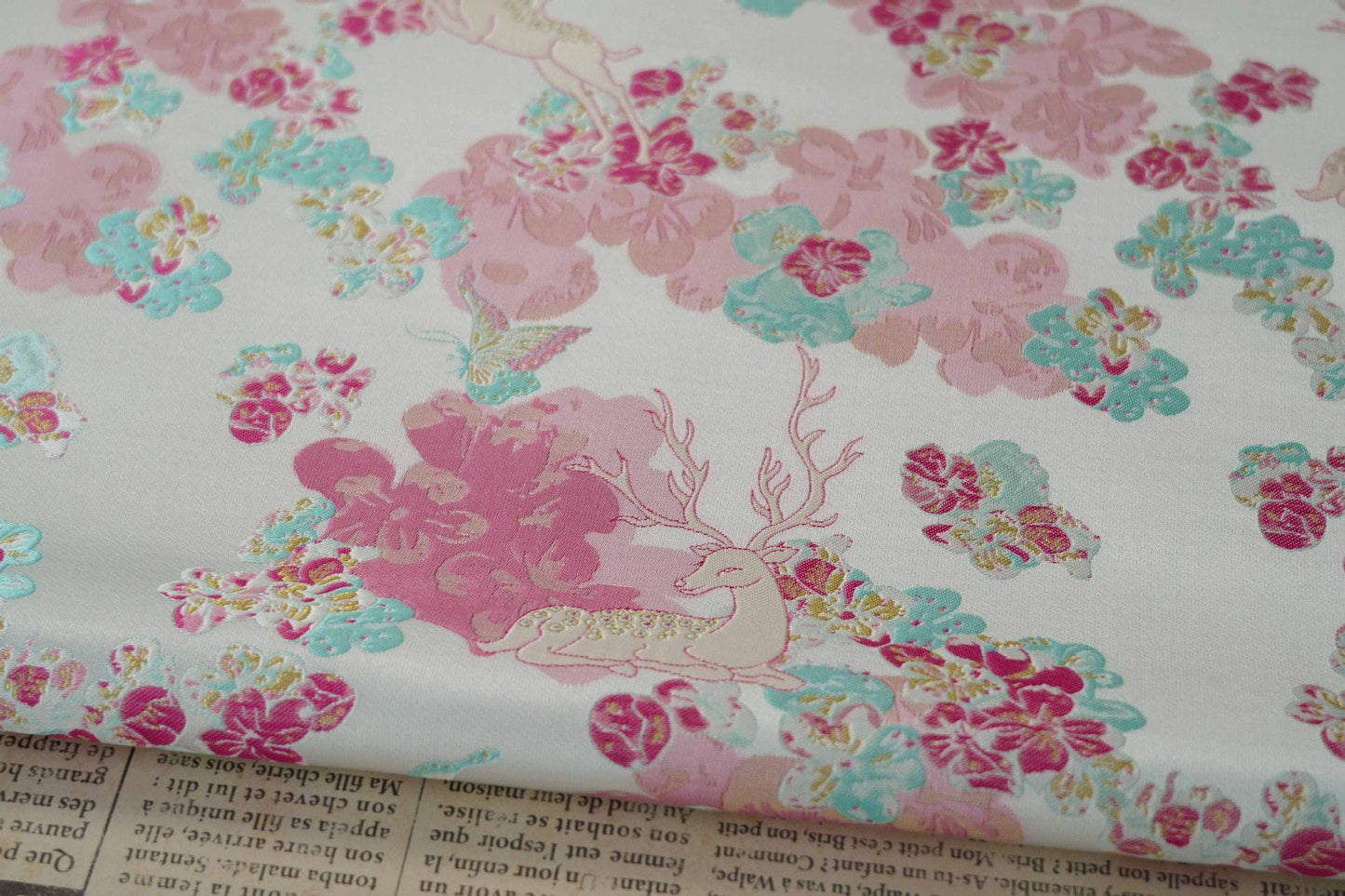 White Deer Jacquard Fabric: Gold Thread Embossed Upholstery, 65"W