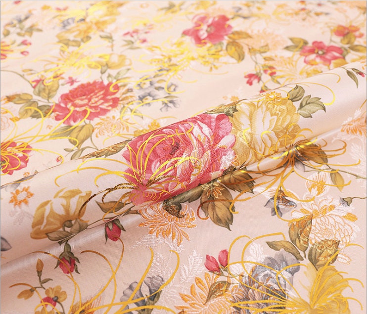 Chrysanthemum Silk Brocade Fabric: 59"W Floral Damask, Upholstery & Sewing