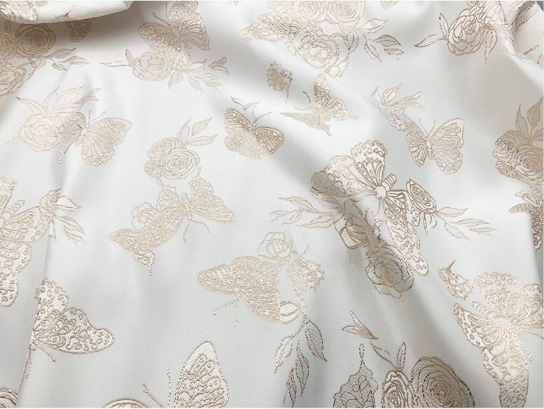 Gold Butterfly Jacquard Fabric: 59"W Beige Rayon Dress Fabric