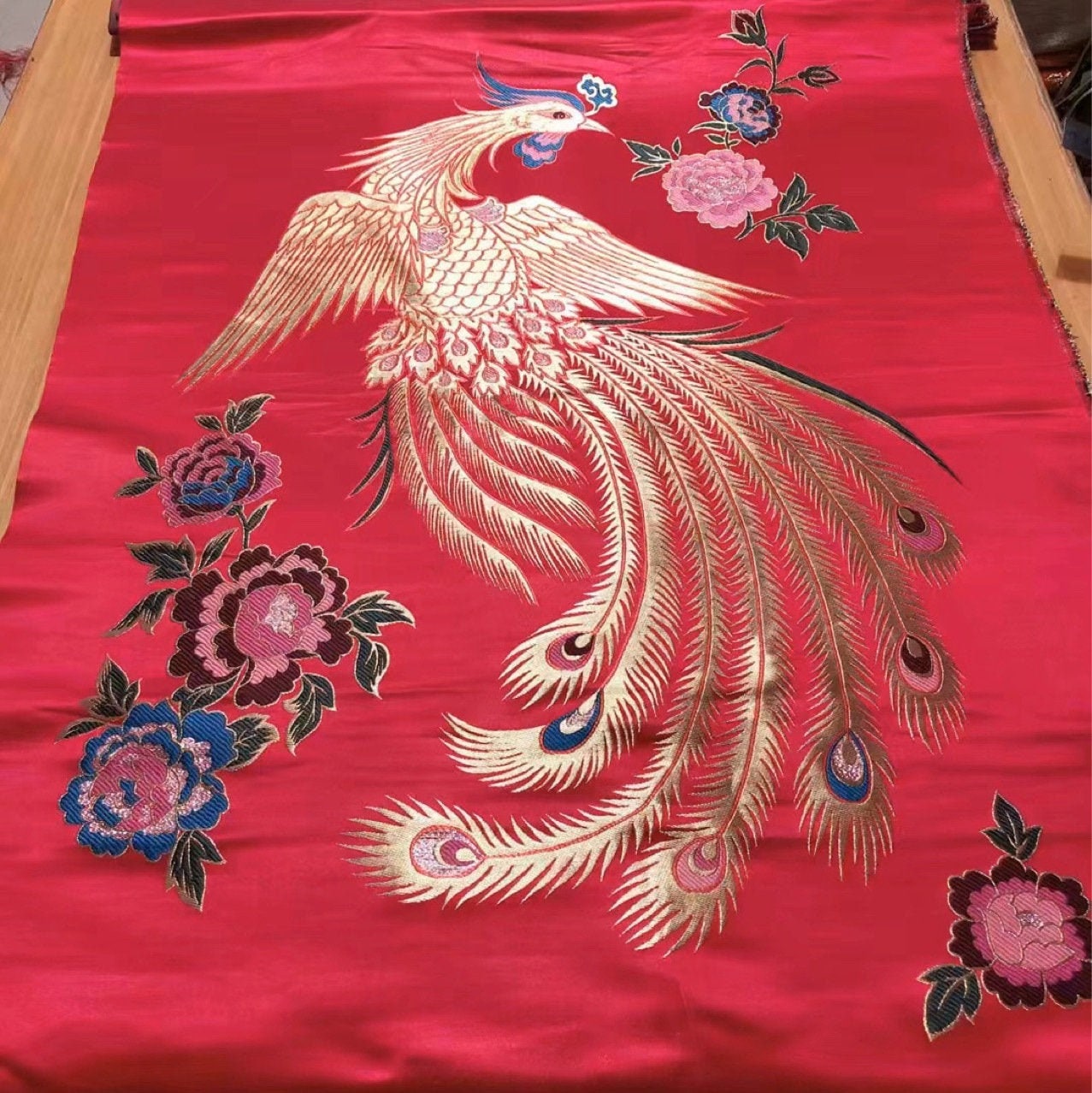 Red Phoenix Brocade Fabric: Chinese Jacquard Satin (29.5"W)