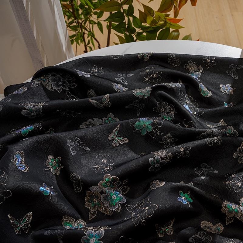 Embossed Butterfly Brocade Fabric - Jacquard Silk Rayon, 59" Wide