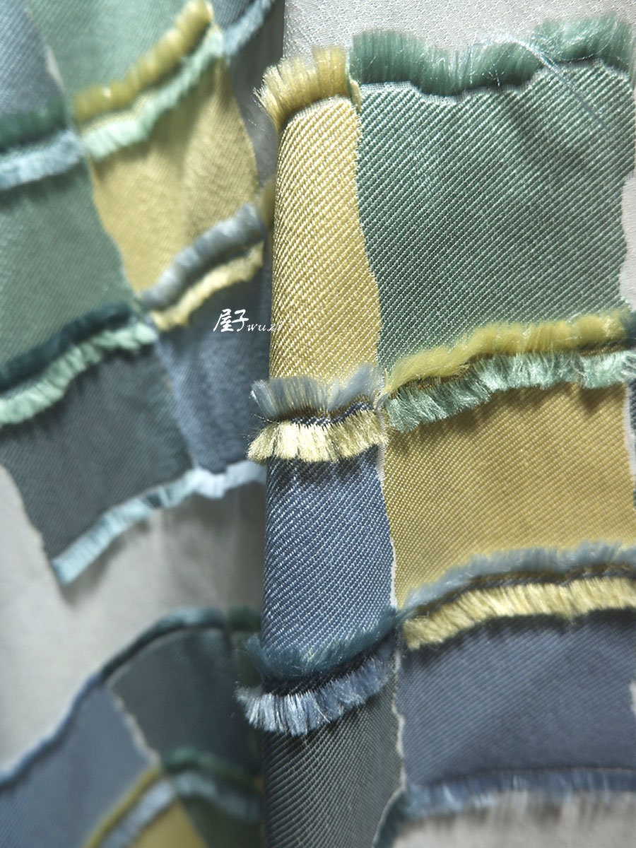 Plaid Patchwork Jacquard Fabric: Raw Edge Denim Style, 57" Wide
