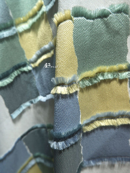 Plaid Patchwork Jacquard Fabric: Raw Edge Denim Style, 57" Wide