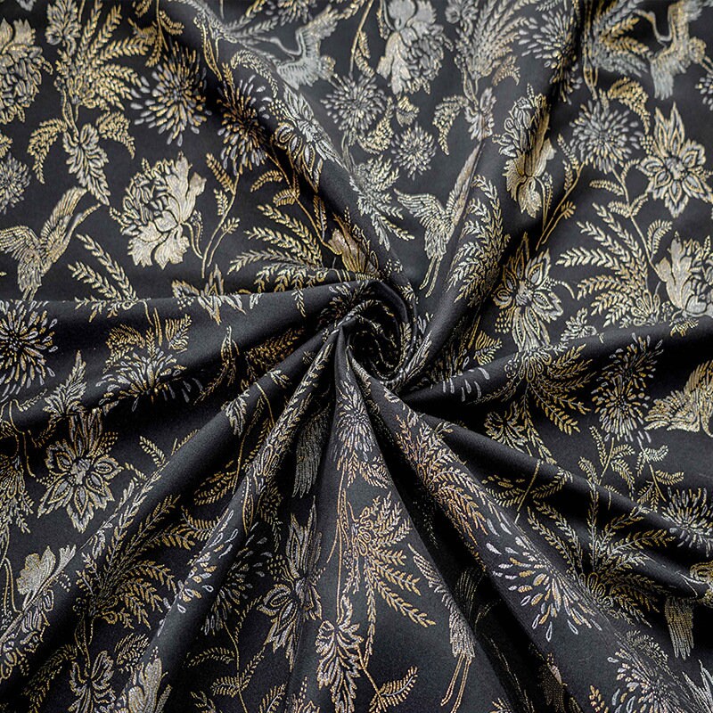 Gold Crane Jacquard Fabric: 3D Designer Upholstery, Prom Dress Sewing Fabric