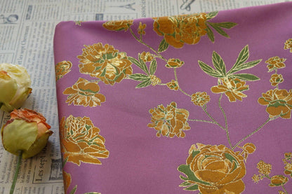 Gold Thread Purple Jacquard Fabric: Peony Pattern, 59" Wide