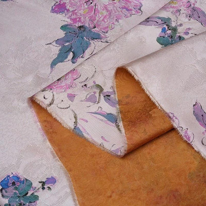 Peony Tea Silk Satin Fabric: Purple Pink Floral Print, 55"W