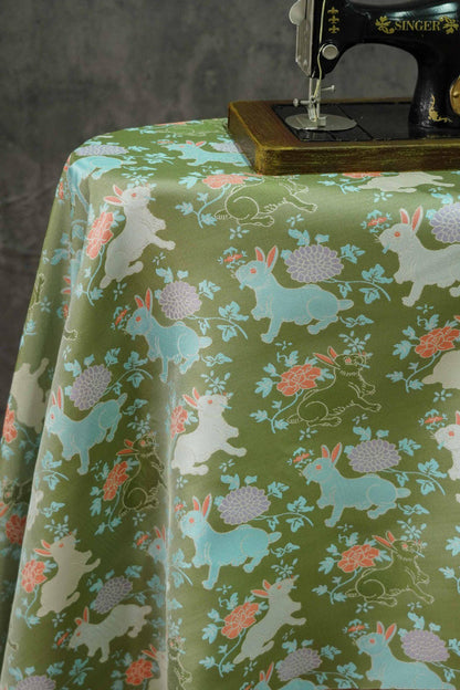Bean Green Rabbit Brocade Fabric: 66"W Rayon Blend, Cheongsam Sewing