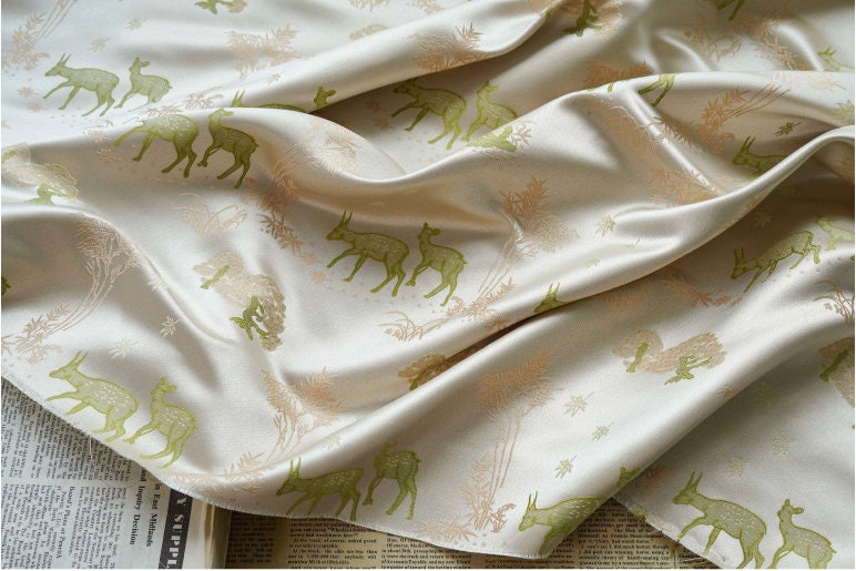 Green Deer Faux Silk Brocade Fabric: 59" Wide, By The Meter