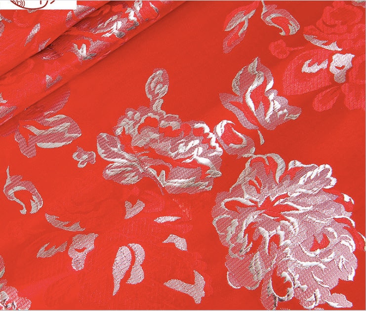 Floral Metallic Jacquard Brocade Fabric: 59"W Silk Rayon Damask