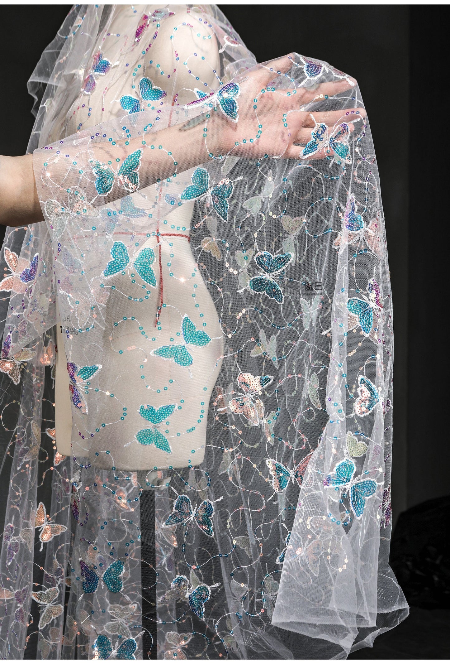 Butterfly Sequin Embroidered Mesh Fabric, See-Through Designer Fabric