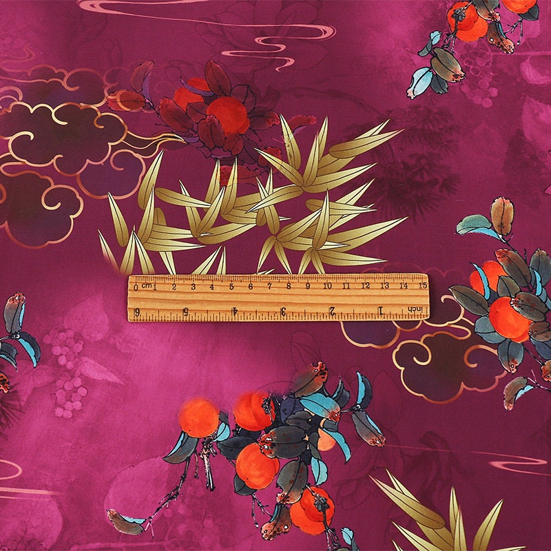 Floral Tea Silk Satin Fabric: 59"W Digital Print