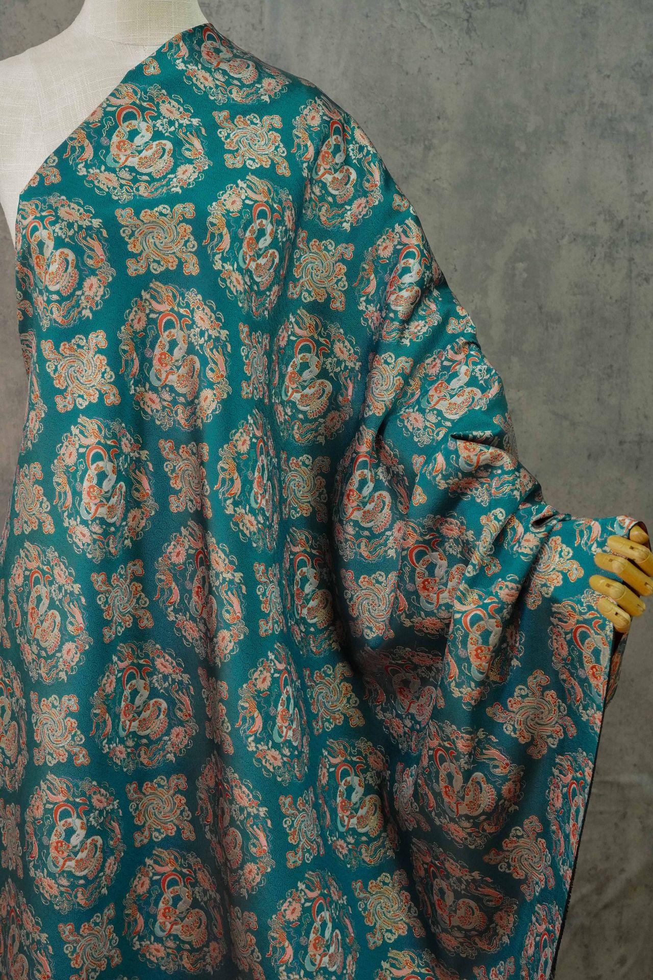 Cyan Brocade Fabric: Chinese Dynasty Jacquard Polyester, 66" Wide