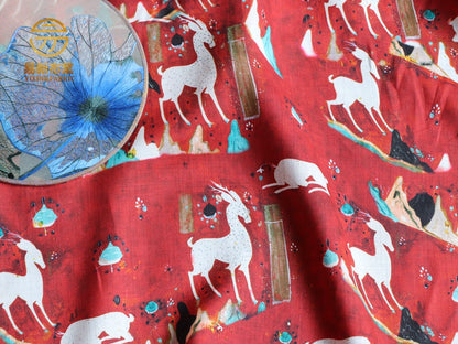 Nine-Color Deer Print Ramie Fabric: Dunhuang Style, 57"W