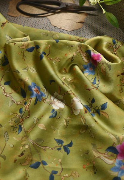 Floral Cotton Fabric: Green Ancient Ink Painting, 55"W
