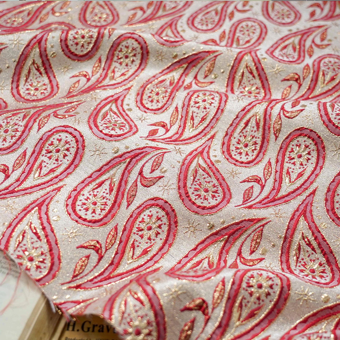 Gold Thread Jacquard Fabric: 3D Cashew Flower Upholstery, Sewing - 55"W