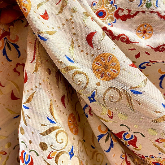 Tissu brocart tibétain : broderie de lotus bouddhiste, 150 cm de large, mélange de rayonne