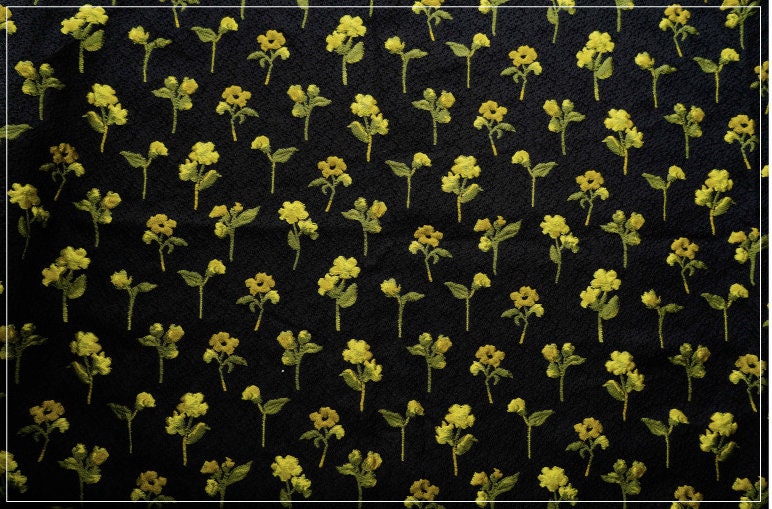 Yellow Flower Jacquard Fabric, Black 3D Designer Fabric, 55"W