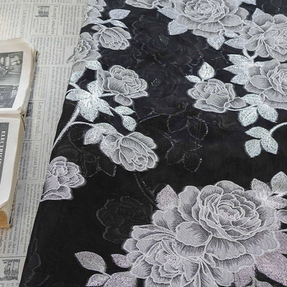 Black and white Peony Silver Thread Jacquard Semi-Sheer Fabric, 55"Wide