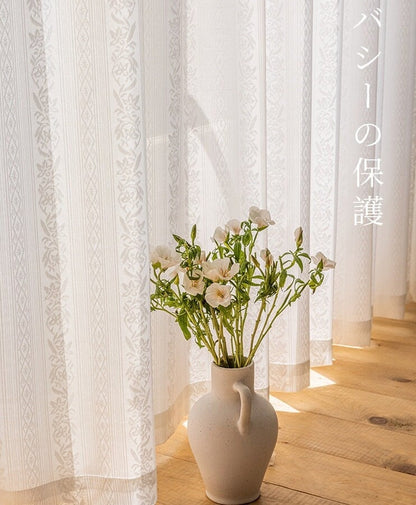 Embroidered White Veil Curtain Fabric: Japanese Style, Light Blocking (108"H)