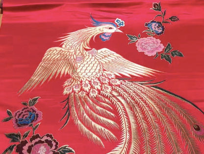 Red Phoenix Brocade Fabric: Chinese Jacquard Satin (29.5"W)