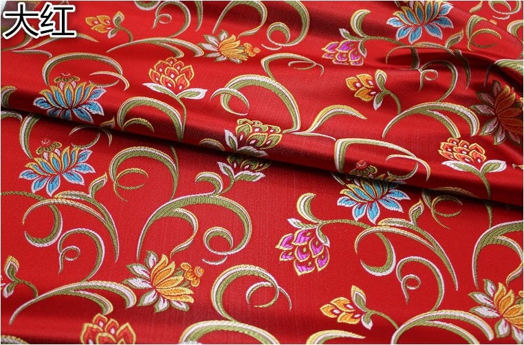 Lotus Jacquard Silk Brocade Fabric: Red, Green, Hot Pink - 29.5" Width