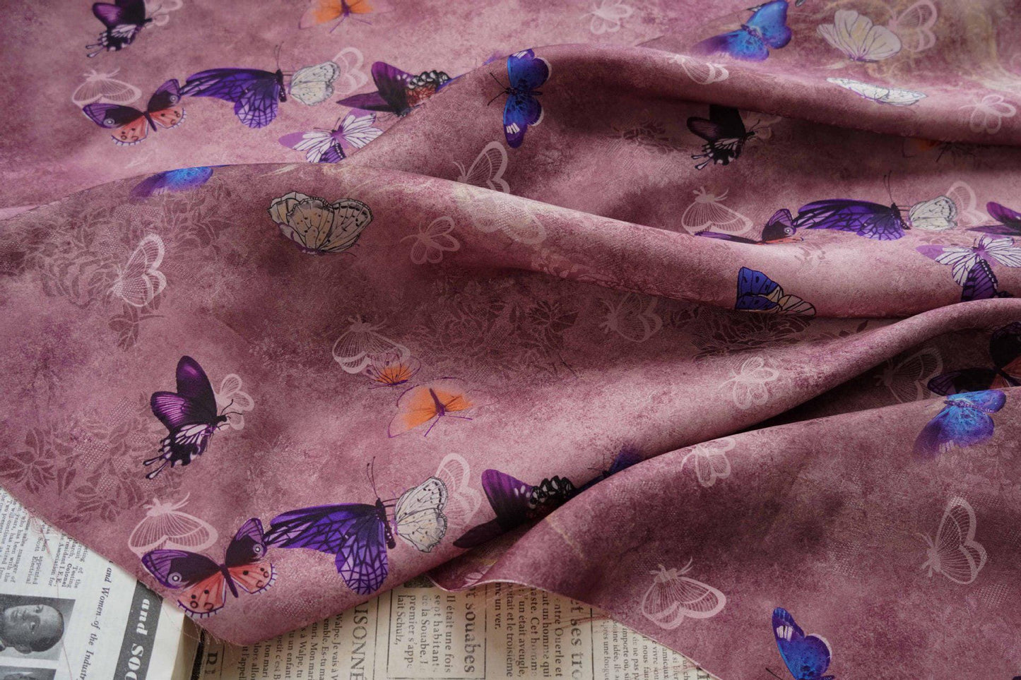 Butterfly Flower Tea Silk Satin Fabric: Digital Print, 55" Wide