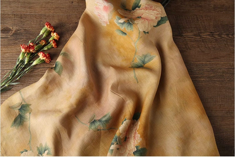 Floral Ramie Fabric: Dunhuang Ink Painting, Natural Fiber (57"W)