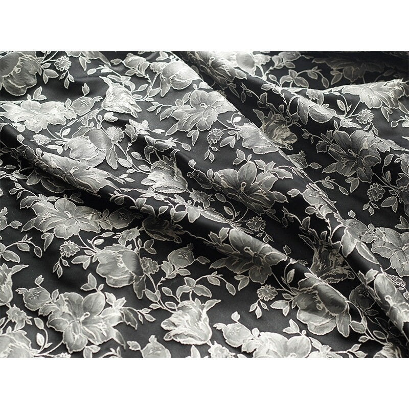 Black & White Floral Jacquard Fabric: Embossed 3D Design, 52" Wide