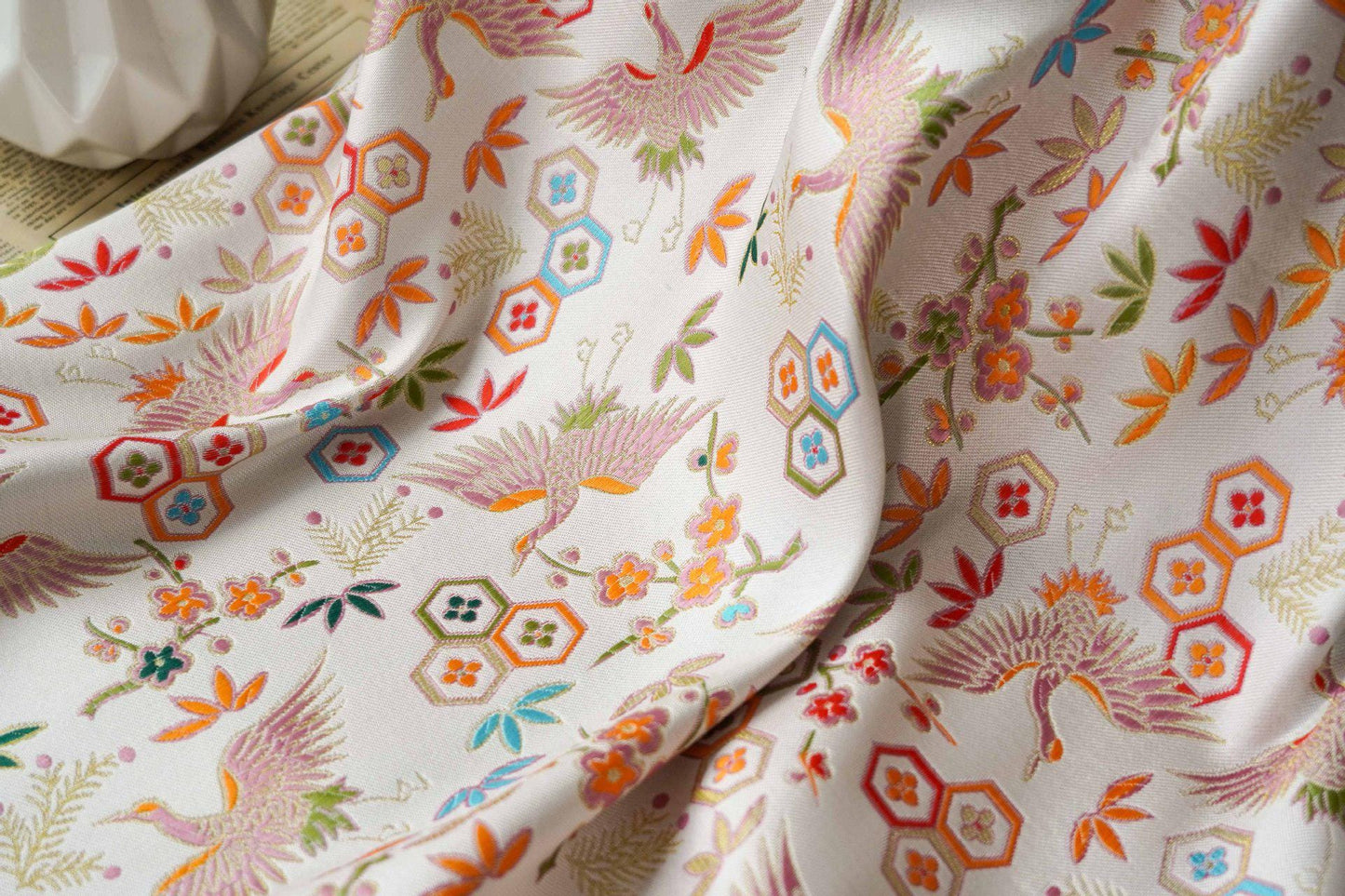 Golden Crane Jacquard Fabric: Embossed Upholstery, Costume, & Decor (59"W)
