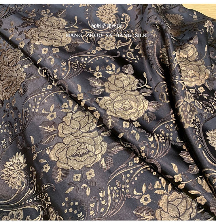 Tissu brocart floral vintage : Soie rayonne noir café, 75 cm de large
