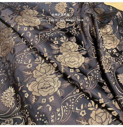 Tissu brocart floral vintage : Soie rayonne noir café, 75 cm de large