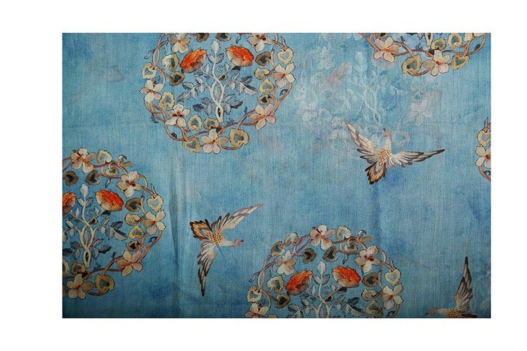 Floral Bird Print Ramie Fabric: Turquoise Ink, 57" Wide