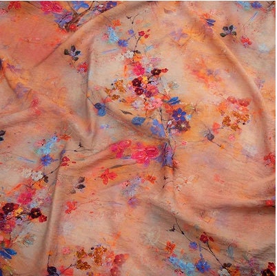 Floral Printed Linen Tencel Fabric: Lightweight Sewing Material, 57"W