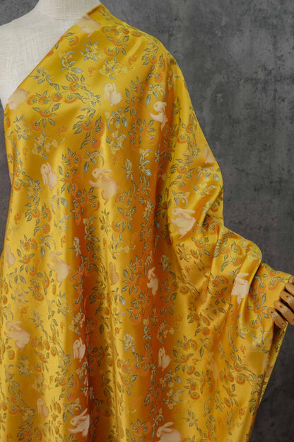 Floral Rabbit Brocade Fabric, Yellow Chinese Jacquard, 58" Wide