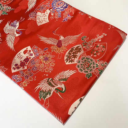 Nishijin Japanese Brocade Fabric: Crane & Fan Jacquard Silk Rayon Blend (57"W)