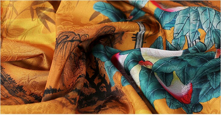 Peach Teal Tea Silk Satin Fabric: Floral Print, 59" Wide
