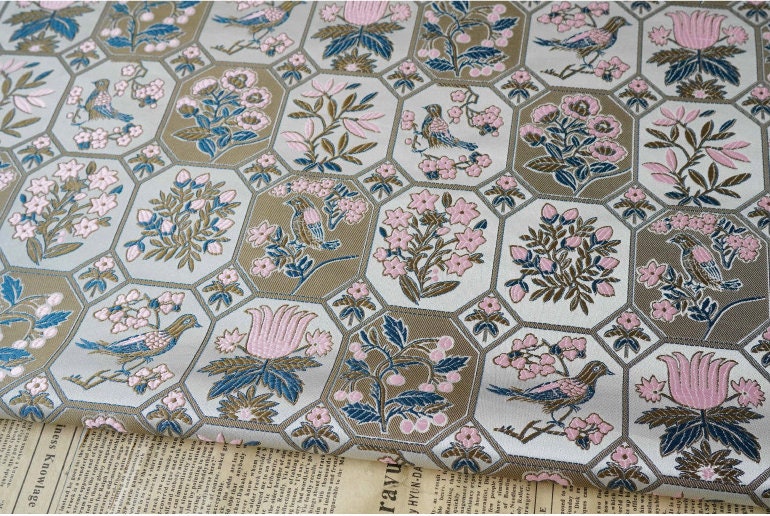 Floral Bird Satin Fabric: 59" Wide Rayon Drapery Material