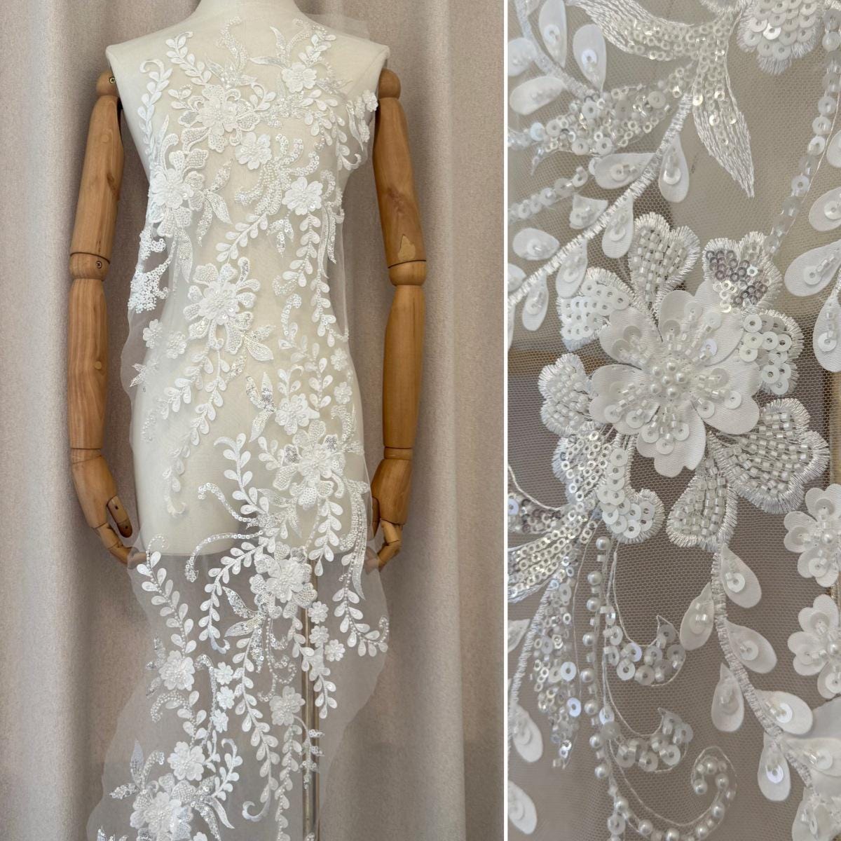 Luxury Sequin & Beaded Embroidery Fabric ��� Bridal Gown Panel for Wedding Dress