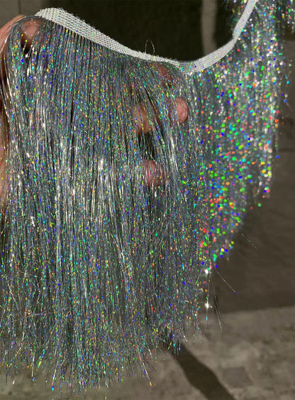 Tissu à franges argentées pour la danse : franges en polyester de 20 cm, décoration à faire soi-même
